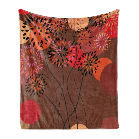 Dandelion Soft Flannel Fleece Throw Blanket, Floral Patterned Illustration with Wavy Pedicles and Big Dots in Autumn Colors, Cozy Plush for Indoor and Outdoor Use, 50" x 60", Multicolor, by Ambesonne