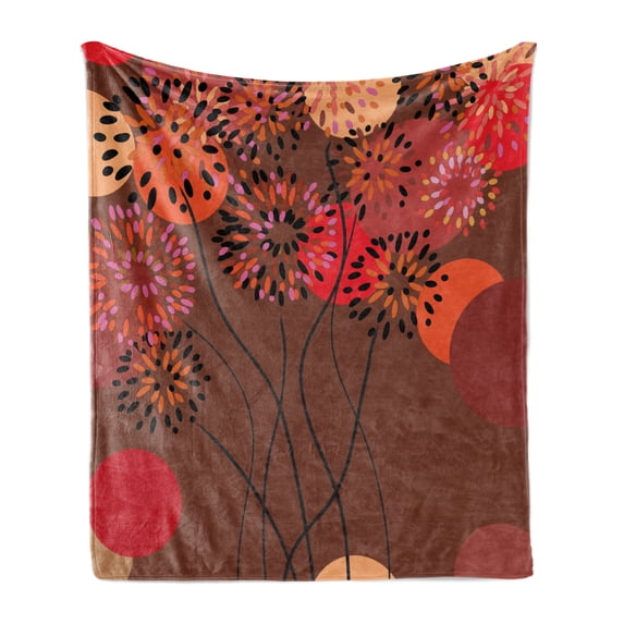 Dandelion Soft Flannel Fleece Throw Blanket, Floral Patterned Illustration with Wavy Pedicles and Big Dots in Autumn Colors, Cozy Plush for Indoor and Outdoor Use, 50" x 70", Multicolor, by Ambesonne