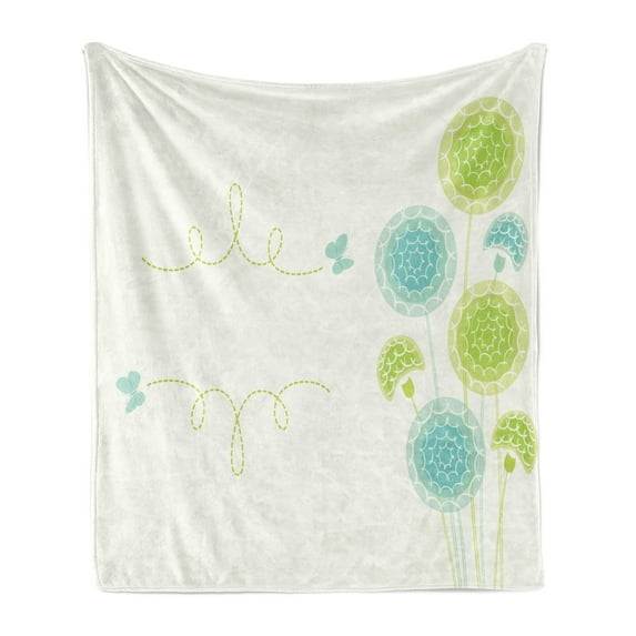 Dandelion Soft Flannel Fleece Throw Blanket, Hand Drawn Bedding Plants with Butterflies Swirl Lines and Circles, Cozy Plush for Indoor and Outdoor Use, 70" x 90", Pale Green Sky Blue, by Ambesonne