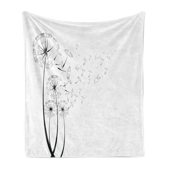 Dandelion Soft Flannel Fleece Throw Blanket, Monochrome Dandelions Blowing in the Wind Fluffy Flower Romance Theme, Cozy Plush for Indoor and Outdoor Use, 60" x 80", Black White, by Ambesonne