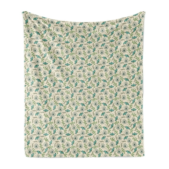 Dandelion Soft Flannel Fleece Throw Blanket, Repeating Doodle Botanical Composition of Leafy Ornaments, Cozy Plush for Indoor and Outdoor Use, 70" x 90", Champagne and Multicolor, by Ambesonne