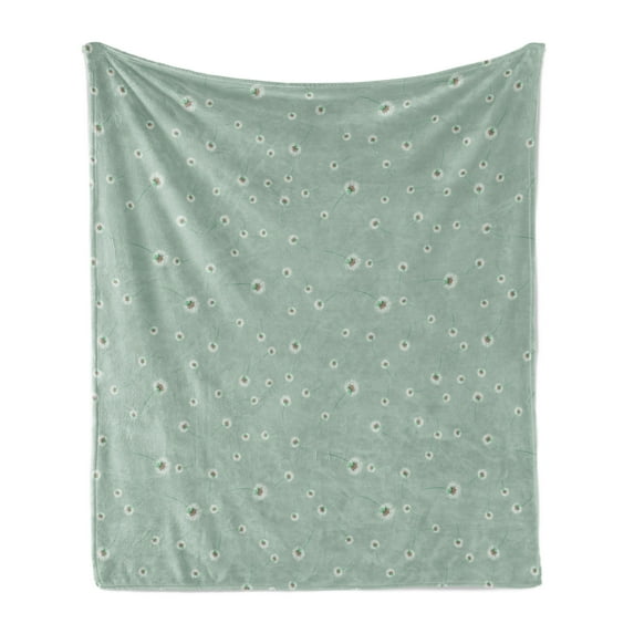 Dandelion Soft Flannel Fleece Throw Blanket, Spring Flowers Botanical Floral Theme with Shabby Blossoms Pattern, Cozy Plush for Indoor and Outdoor Use, 70" x 90", Almond Green and White, by Ambesonne