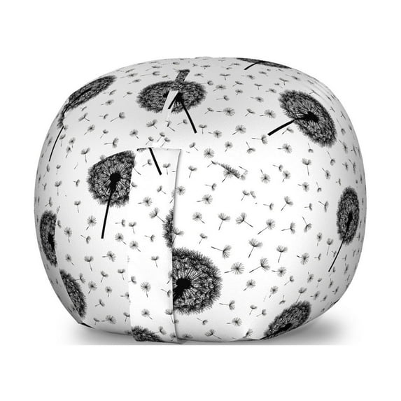 Dandelion Storage Toy Bag Chair, Abstract Pattern with Summer Spring Flower Fluff Monochrome Modern Natural, Stuffed Animal Organizer Washable Bag, Large Size, Black and White, by Ambesonne