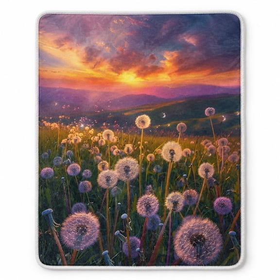 Dandelion Sunset Sherpa Blanket, Polyester Fleece Throw, Multicolor Nature Design