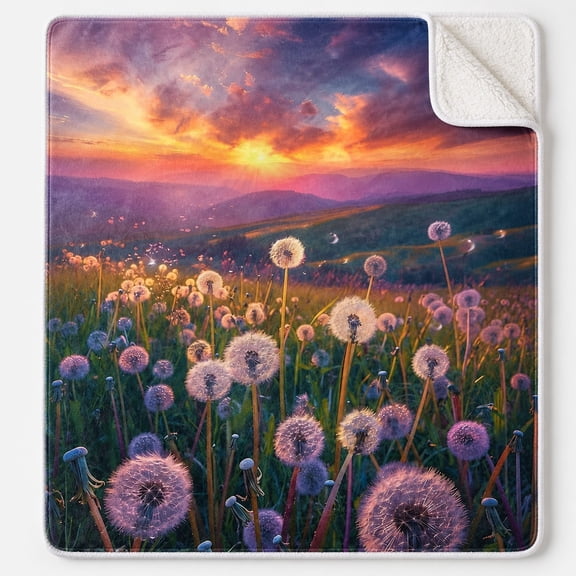 Dandelion Sunset Sherpa Blanket, Polyester Fleece Throw, Multicolor Nature Print