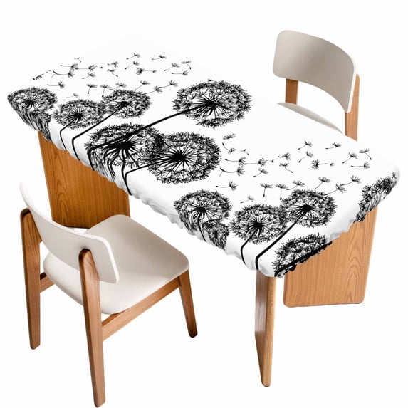 Dandelion Table Cloths for 4 Foot Rectangle Tables, Black White Modern Country Rustic Plants Patio Waterproof Elastic Fitted Tablecloths, Washable Rectangular Table Cover for Camping