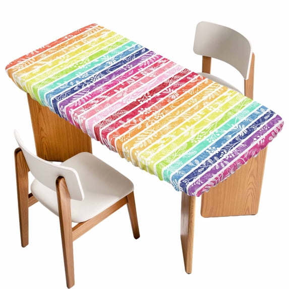 Dandelion Table Cloths for 4 Foot Rectangle Tables, Rainbow Stripes Modern Minimalist Flowers Patio Waterproof Elastic Fitted Tablecloths, Washable Rectangular Table Cover for Camping