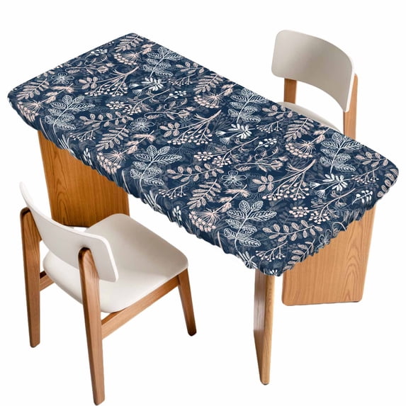 Dandelion Table Cloths for 6 Foot Rectangle Tables, Navy Blue Flowers Modern Minimalist Spring Patio Waterproof Elastic Fitted Tablecloths, Washable Rectangular Table Cover for Camping