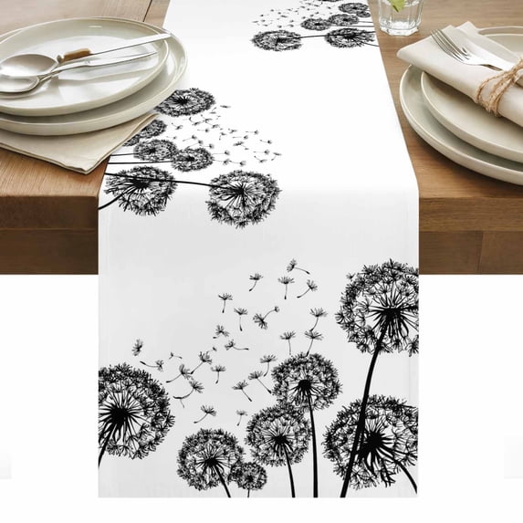 Dandelion Table Runner - 60 Inch Long, Kitchen Dining Table Runner Dresser Scarves, Black White Modern Country Rustic Plants Farmhouse Decor for Coffee Tables Wedding Party Banquet
