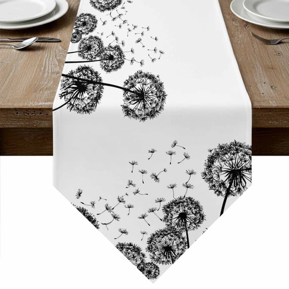 Dandelion Table Runner Linen Burlap Table Runner 70 Inches Long Black White Modern Country Rustic Plants Dresser Scarves for Kitchen Island Coffee Dining Party Wedding Banquet Holiday Decor 13"x70"