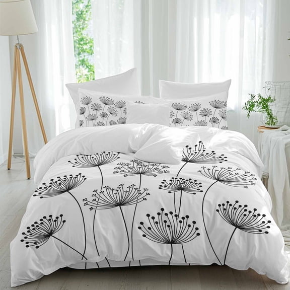 Dandelion Twin Size Comforter Set, Spring Fields Black Dandelion Floral Bedding for All Seasons, 4 Pcs Bed Set, 1 Quiltcover (68"x86") ,1Sheet(67"x116"), 2Pillowcases (30"x20")