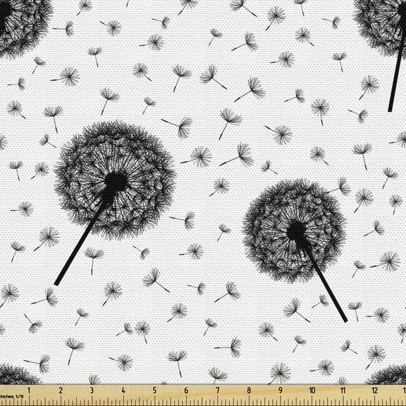 Ambesonne Dandelion Fabric by the Yard Upholstery, Springtime Flower Fluff, 1 Yard, Black and White