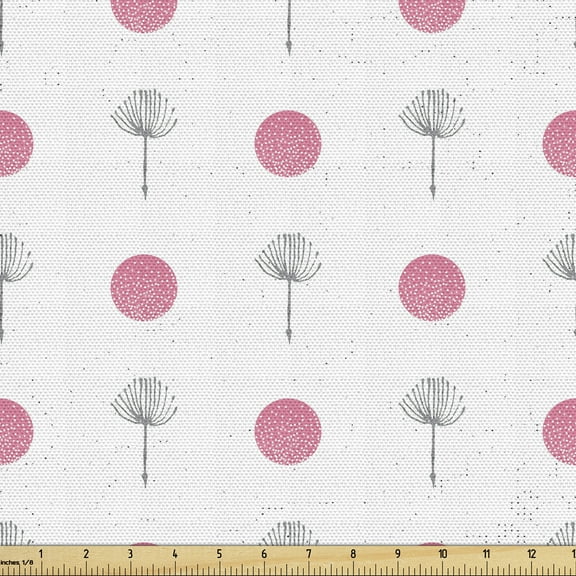 Dandelion Upholstery Fabric by the Yard, Simplistic Botanical Item and Rounds Dotwork Pattern, Decorative Fabric for DIY and Home Accents, 5 Yards, Pastel Pink and Grey by Ambesonne