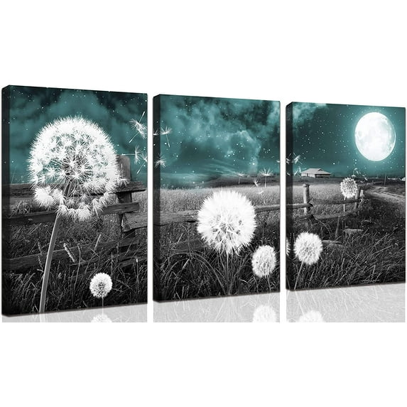 Dandelion Wall-Art - Farmhouse Bedroom Decor - Bathroom Decorations Teal Artwork for Wall Moon Wall Art Oil Paintings On Canvas Framed Size 12x16 Inches x3 Pieces