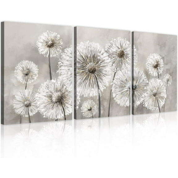 Dandelion Wall Art Grey White Flower Canvas Print Flora Picture for Living Room Botanical Abstract Painting for Modern Home Decor Bedroom Decoration 12"x16"x3 Framed