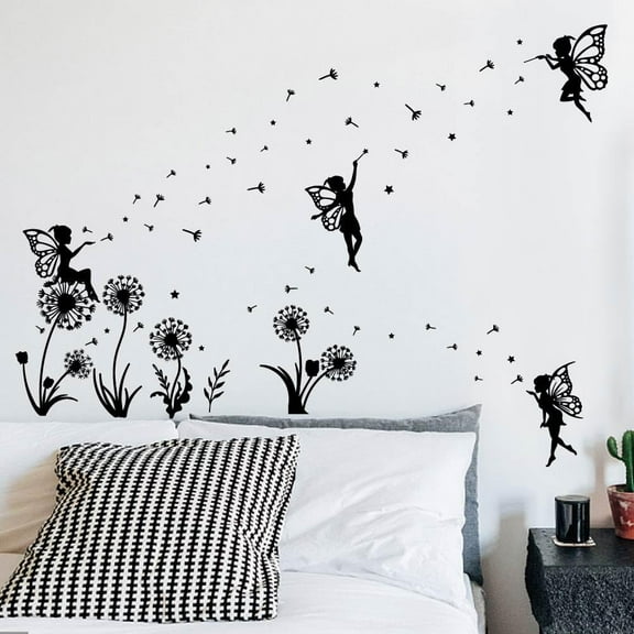 Dandelion Wall Stickers Fairy Elf Wall Decals Nursery Wall Sticker Fairy Tales Art Mural Black Adhesive Vinyl Art for Girl's Bedroom Living Room Playroom Home Decor DIY