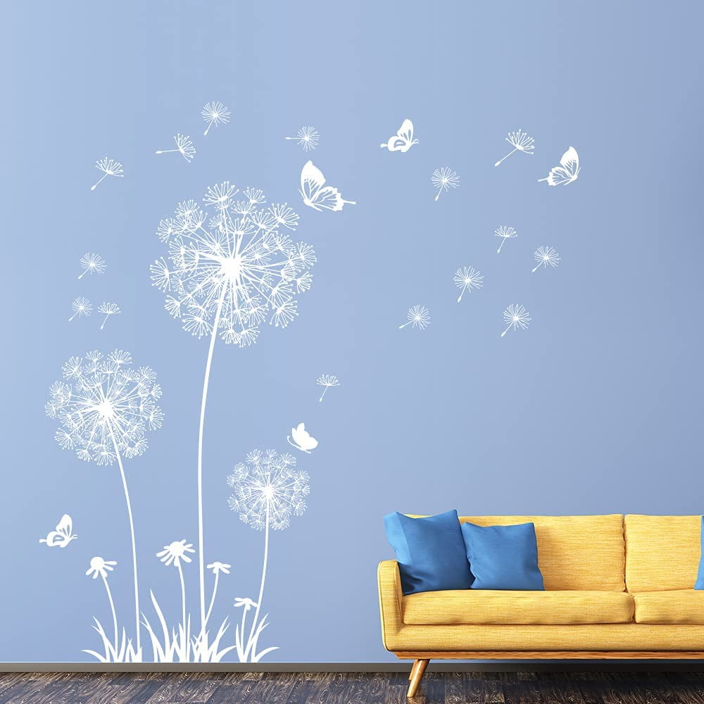 Dandelion Wall Stickers Flower Wall Decals Butterflies Flying Wall Decors Art Stickers for Bedroom Living Room Sofa Backdrop TV Wall Decor (White Dandelion)