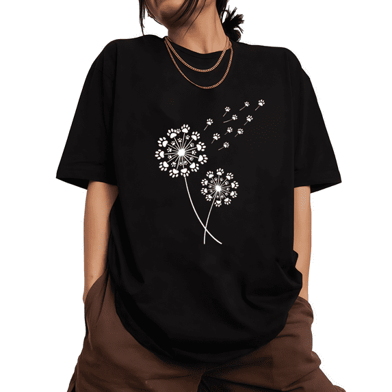 Dandelion With Heart Paw Print Line Art Graphic Short Sleeve T-Shirt Crewneck Black Tops