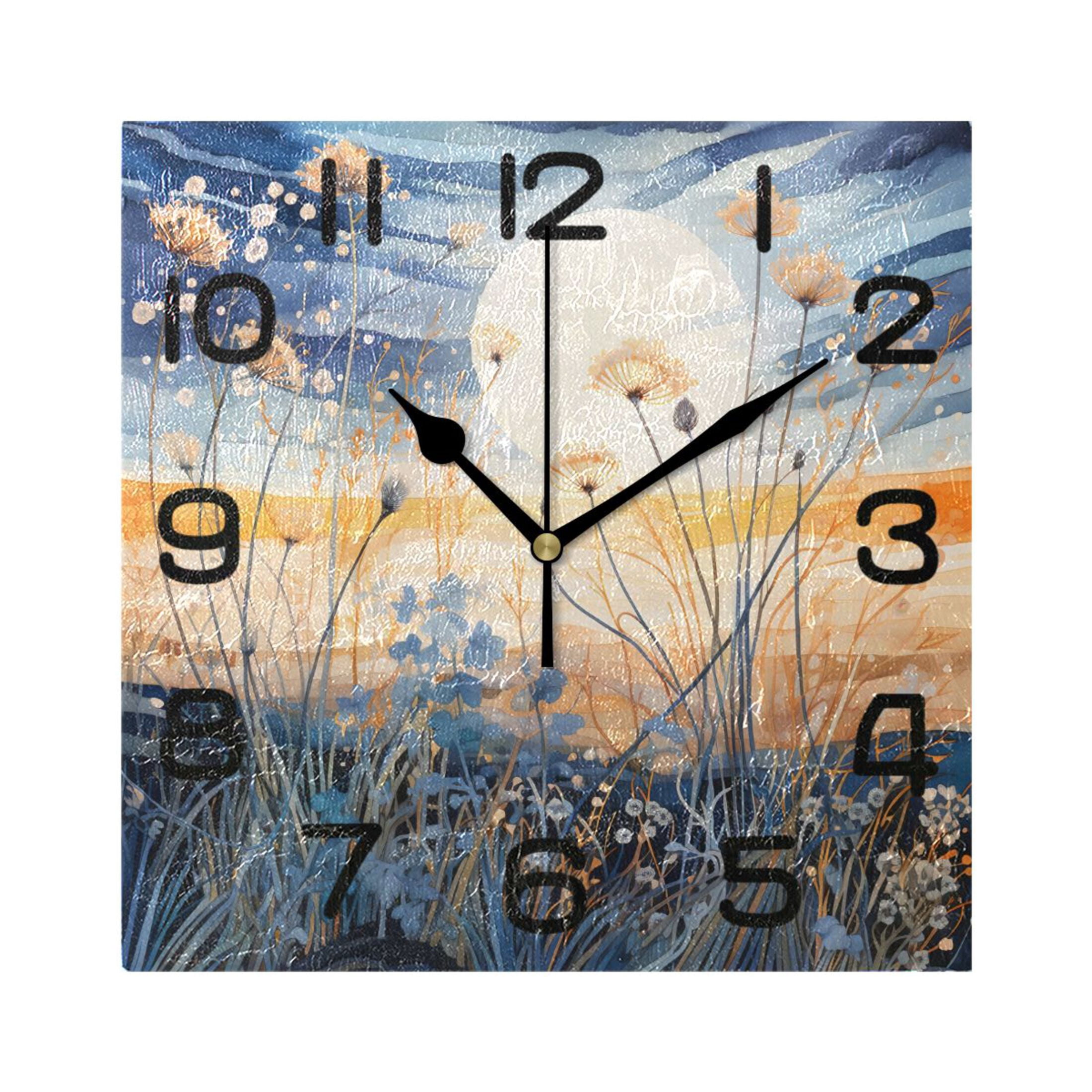 Dandelion and Moon Wall Clock Square Silent Non-Ticking Battery ...