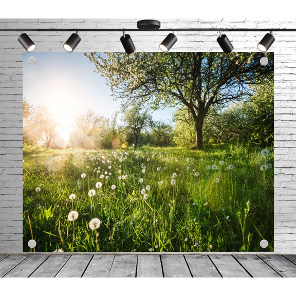Dandelion field sunlit meadow backdrop | Polyester fabric banner curtain, suitable for themed parties, outings, picnics, celebrations and studio props