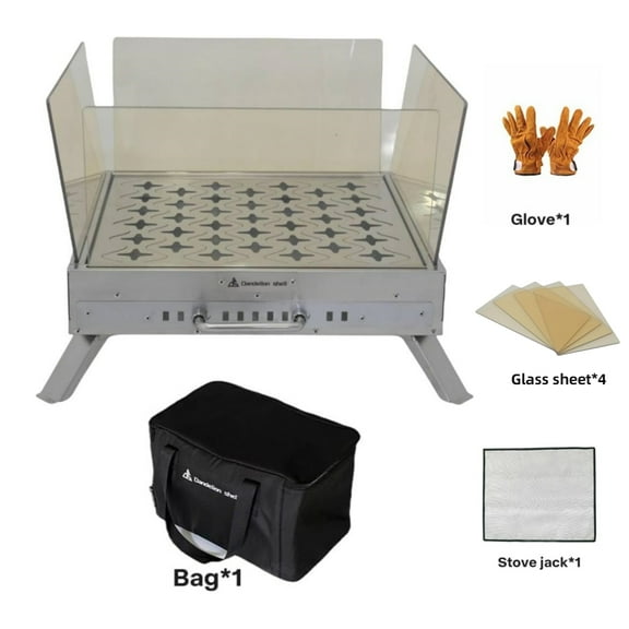 Dandelion shell Outdoor Wood Burning Fire Pit Table with Glass Wind Guard and Portable Stainless Steel Wood Stove for Camping Hot Tent Shelter, Patio Backyard Garden Deck Camping