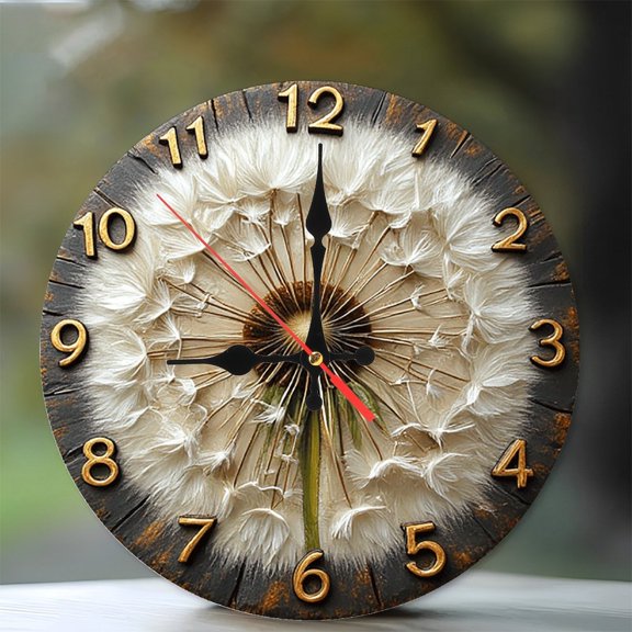 DandelionClockWallClockHomeDecorArt 10-Inch Silent Wooden Wall Clock, Battery Operated (AA Batteries Not Included), Artistic Home Decor