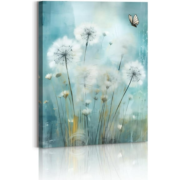 Dandelions Blue Canvas Print Neutral Floral Picture Paintings Dandelions Pictures for Bedroom Bathroom Decor White Flower Flora Dandelion Picture Canvas Prints Artwork Framed Ready To Hang 12"x16"