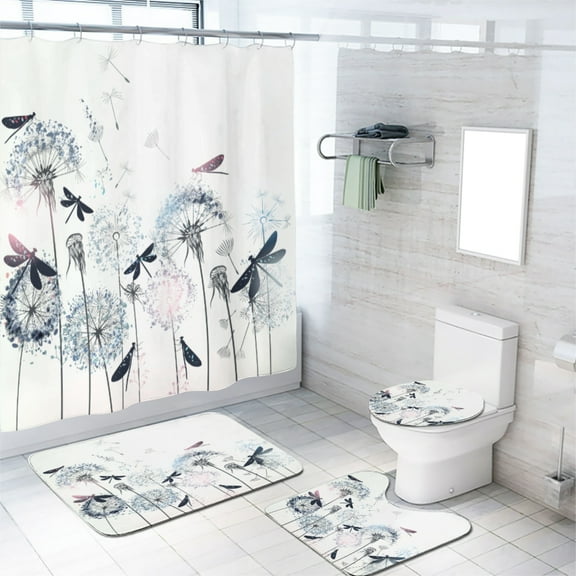 Dandelions and Dragonflies Shower Curtain Set Teal Blue Wildflowers Floral Bathroom Decor Set with Accessories, Waterproof Shower Curtain for Bathtub Decor, 72x72 Inch