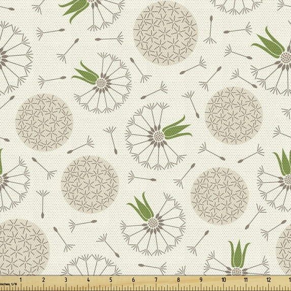 Ambesonne Dandelions Fabric by the Yard Upholstery, Blowball Composition, 3 Yards, Beige Taupe Fern Green