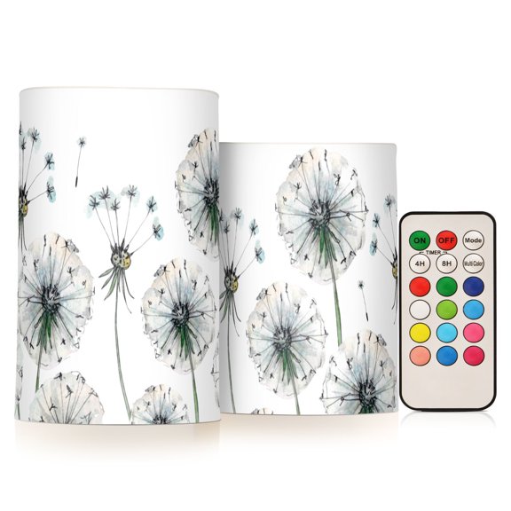 Dandelions Flowers 2 PCS LED Flickering Flameless Candles with Remote Control Realistic 3D Wick Window Candles Sets for Wedding Table Home Decoration Gifts