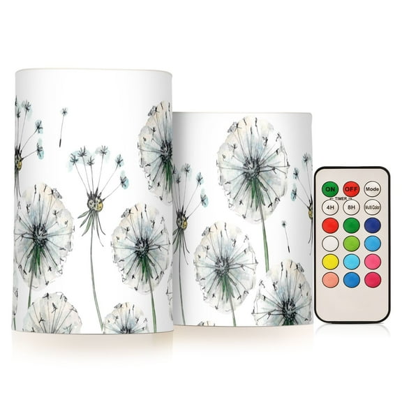 Dandelions Flowers 2 PCS LED Flickering Flameless Candles with Remote Control Realistic 3D Wick Window Candles Sets for Wedding Table Home Decoration Gifts