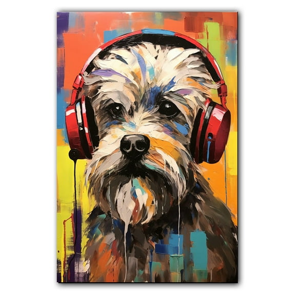 Dandie Dinmont Terrier Wall Art - Funny Dog Canvas Canvas for Kids' Room 11x17inch - Colorful Puppy with Earphone Pictures Framed Ready to Hang
