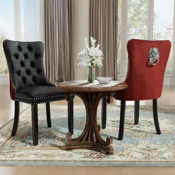 DONICK Velvet Upholstered Dining Chairs , Kitchen & Dining Room Chairs, Nailheads Tufted, Soft, Solid Wood Frame (Black Red, Set of 2)