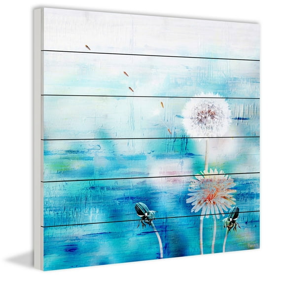 "Dandy Puffs on Blue" Painting Print on White Wood