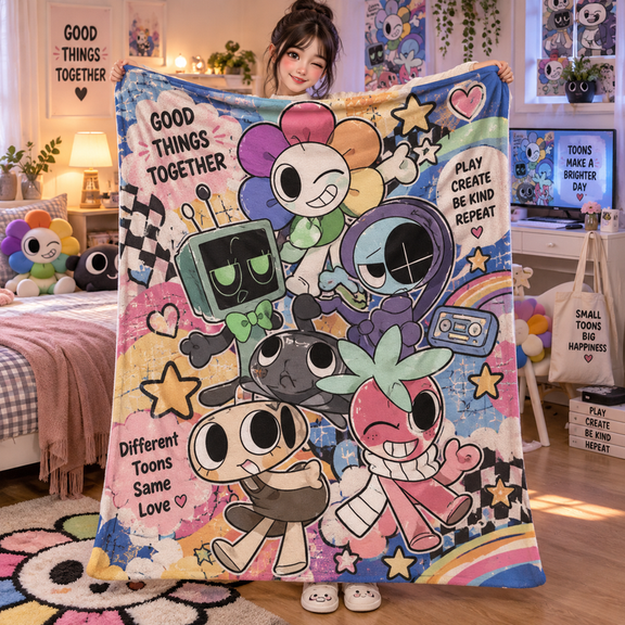 Dandys World Cartoon Characters Sherpa Blanket, Funny Gaming Pattern Cozy Plush Throw