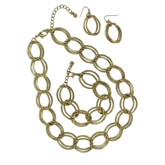 Danecraft Ribbed Double Link Chain Necklace Bracelet Earrings Set - Gold Tone