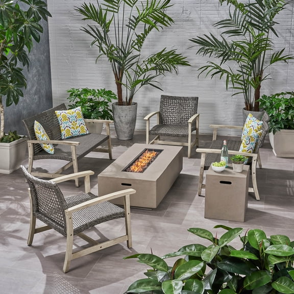 Danelle Outdoor 6 Piece Wood and Wicker Chat Set with Fire Pit, Mixed Black and Light Gray