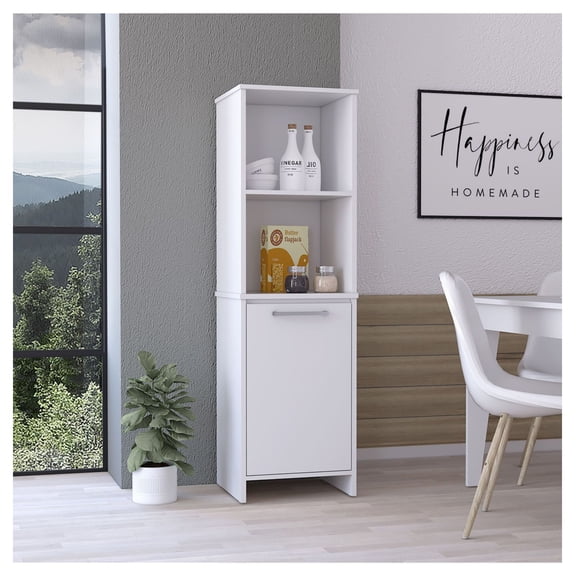 Danforth Pantry Cabinet - Single Door Kitchen Storage, 4 Shelves - Freestanding Cupboard for Kitchen, Dining Room, or Living Room - White Finish