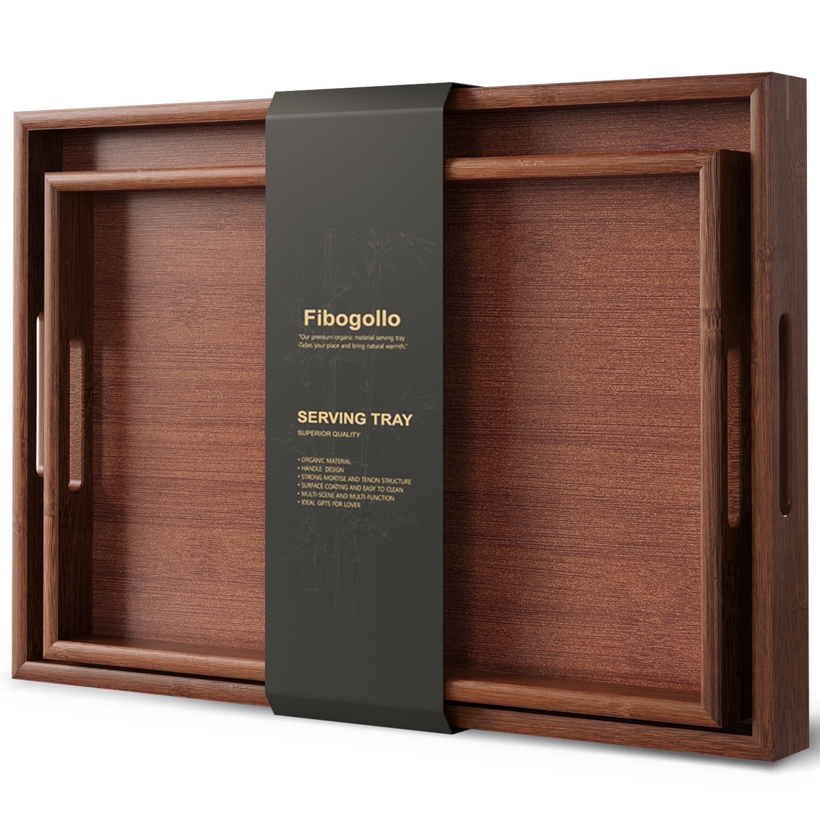 Fibogollo Bamboo Set of 2 Serving Tray with Handles,Decorative Trays Platter,Breakfast Tray in Bed,Food Drinks Tray for Eating,Working,Storing(Brown)