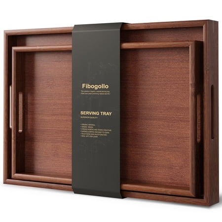 Fibogollo Bamboo Set of 2 Serving Tray with Handles,Decorative Trays Platter,Breakfast Tray in Bed,Food Drinks Tray for Eating,Working,Storing(Brown)
