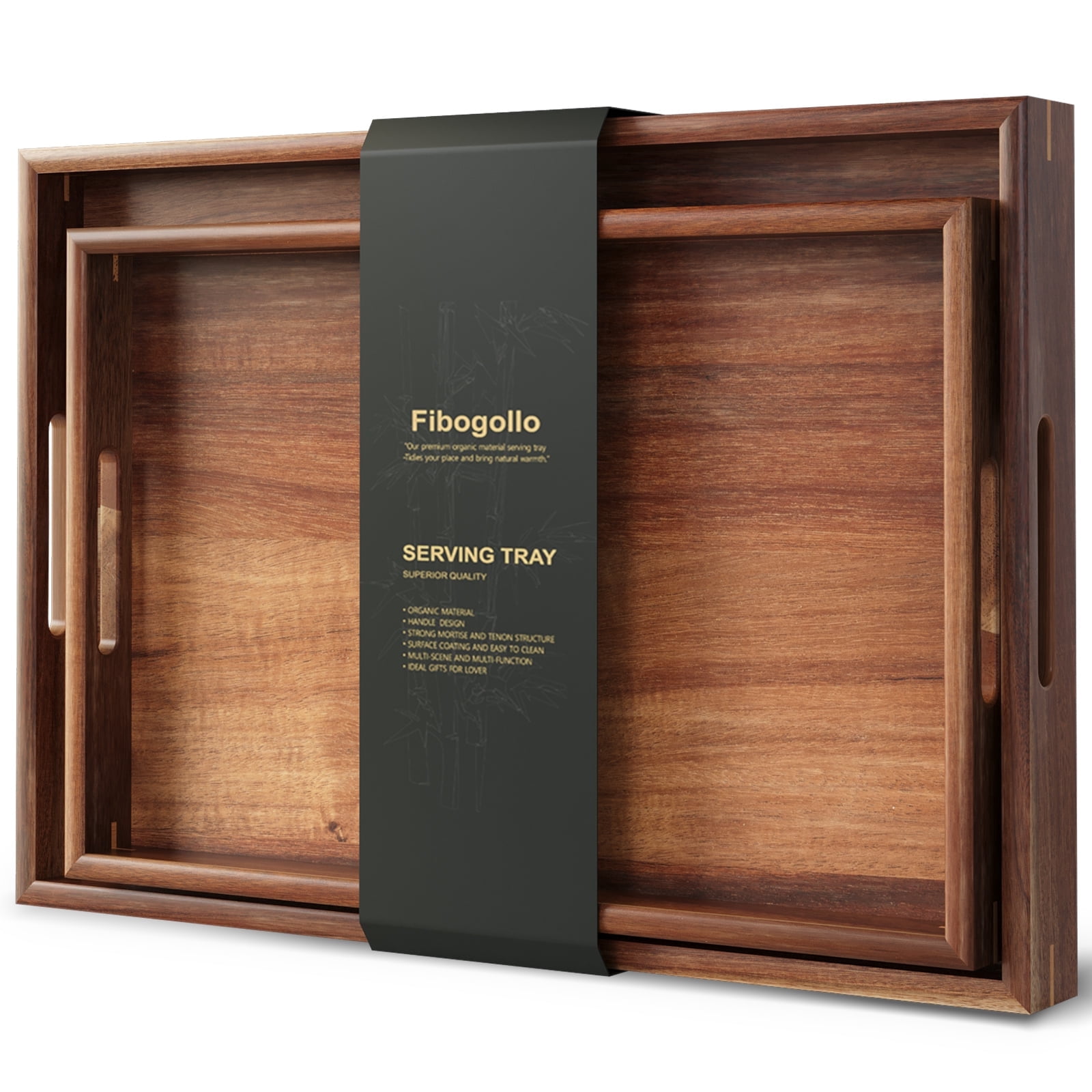 Fibogollo Set of 2 Acacia Wood Serving Tray with Handles,Decorative Trays Platter,Breakfast Tray in Bed,Food Drinks Tray for Eating,Working,Storing