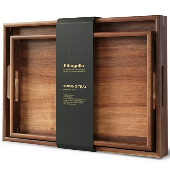 Fibogollo Set of 2 Acacia Wood Serving Tray with Handles,Decorative Trays Platter,Breakfast Tray in Bed,Food Drinks Tray for Eating,Working,Storing