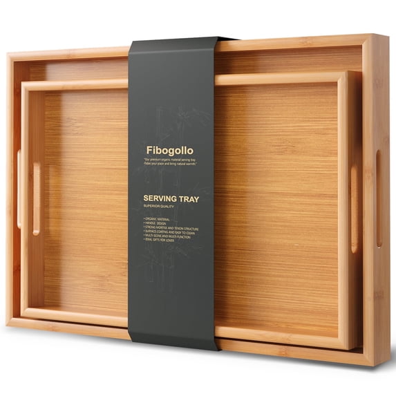 Fibogollo Bamboo Set of 2 Serving Tray with Handles,Decorative Trays Platter,Breakfast Tray in Bed,Food Drinks Tray for Eating,Working,Storing(Natural)