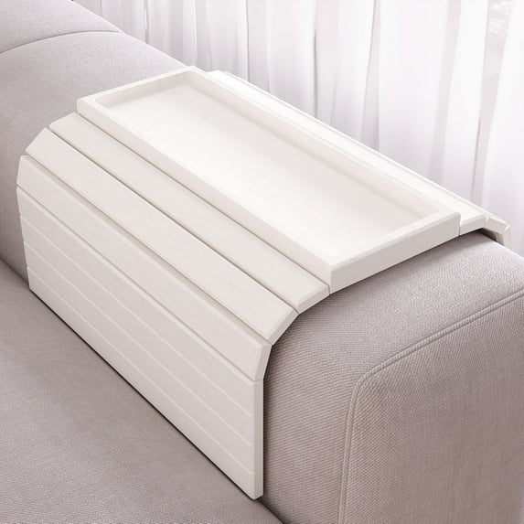 Danfoxer Sofa Arm Tray,Bamboo Folding Couch Arm Tray,Sofa Armrest Trays with Anti-Slip Pad for Drinks,Snacks,Phone,Remote Control(White)
