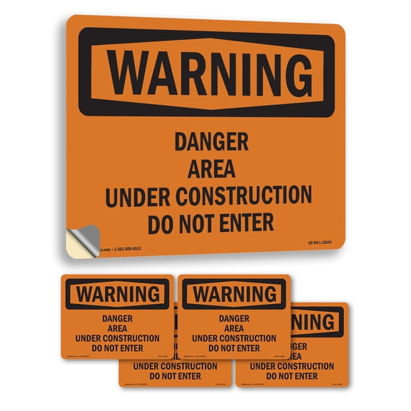 Danger Area Under Construction Do Not Enter OSHA WARNING Vinyl Decal Label 5 Inch x 3.5 Inch - 5 Pack