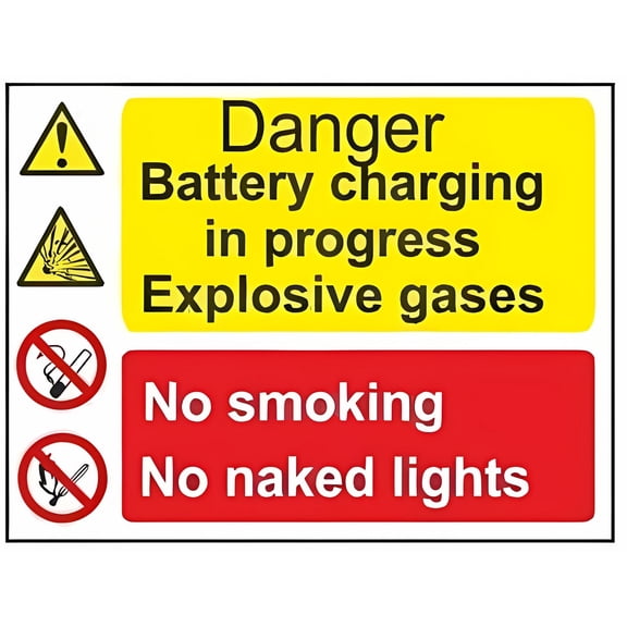 Danger Battery Charging Explosive Gases Sign - 12×8 Inches, Metal Multi Message Sign, No Smoking Naked Lights Home Business Safety Decor