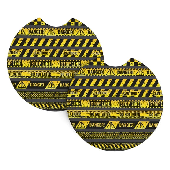Danger Caution Warning Police Stripe Car Cup Holder Pad 2-Pack Neoprene Coasters for Auto Interior Waterproof Universal Fit for Most Vehicles