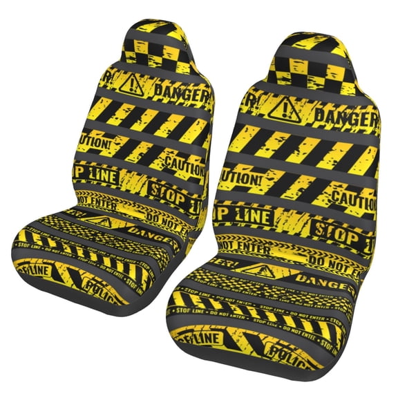 Danger Caution Warning Police Stripe Car Seat Cover 2 Pcs Auto Front Bucket Seats Protector Cushion Universal Vehicle Truck SUV