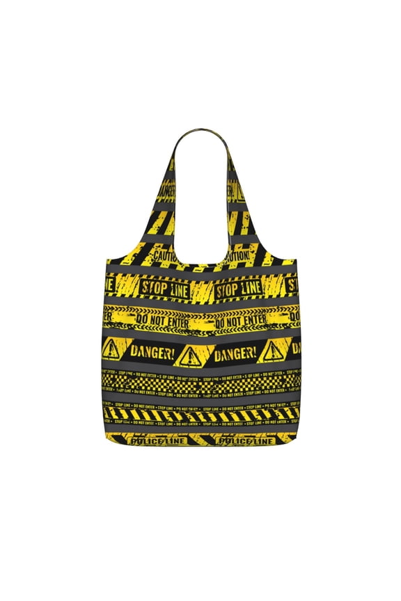 Danger Caution Warning Police Stripe Foldable Reusable Shopping Bag Large Capacity Tote Handbag Storage Pouch for Travel Work