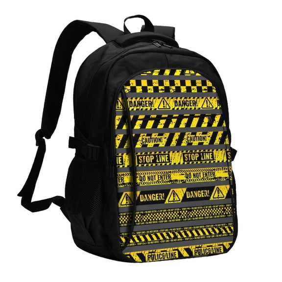 Danger Caution Warning Police Stripe Laptop Backpack with USB Charging Headphone Port Casual Daypack Bag College Business Travel